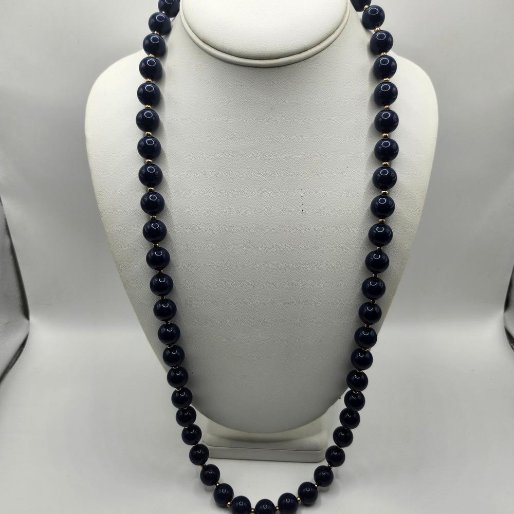 Vintage Navy Blue Bead Necklace Gold Tone Spacer Beads Classic Strand Statement